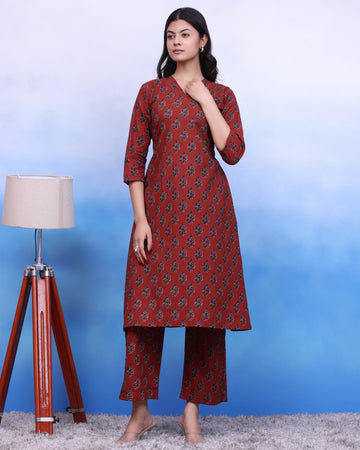 Red Ajarak Kurta Set