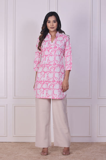 Pink White Blossom Short Kurti