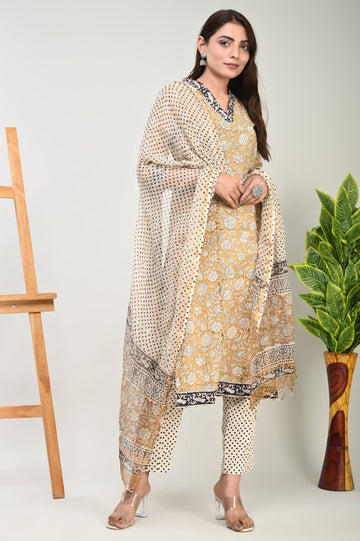 Mustard Bagru Kurta Dupatta Suit Set