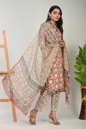 Red Bagru Kurta Dupatta Suit Set