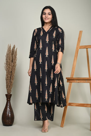 Black Ajarak Leave Cotton Kurta Set