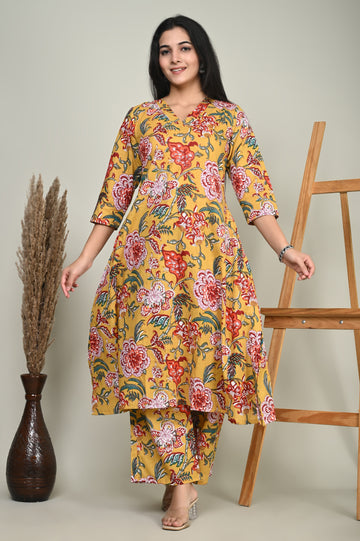 Yellow Floral Cotton Kurta Set