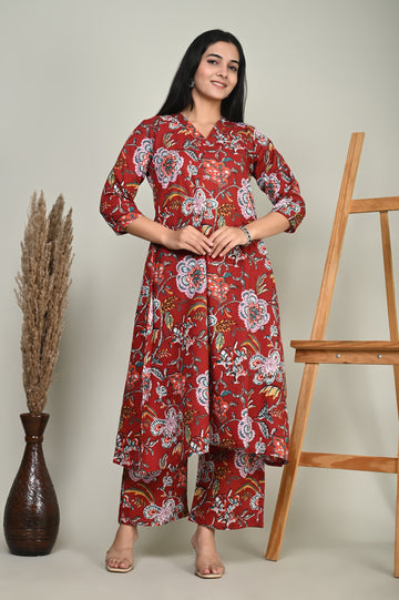 Red Floral Cotton Kurta Set