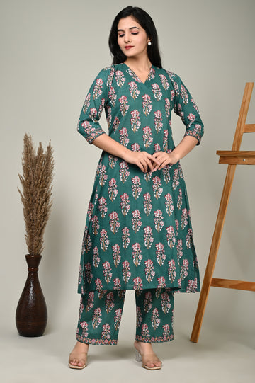 Green Motif Cotton Kurta Set