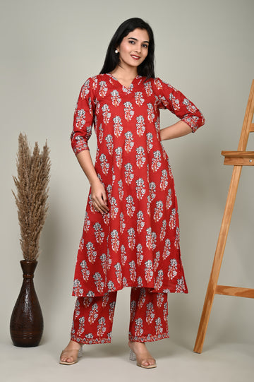 Red Motif Cotton Kurta Set
