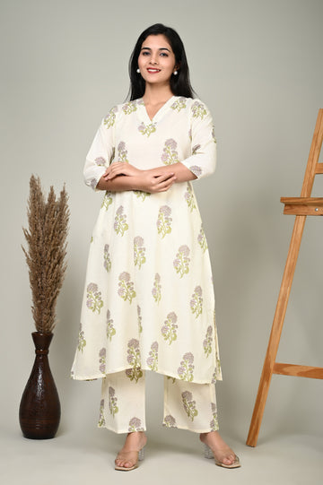 Cream Butta Cotton Kurta Set