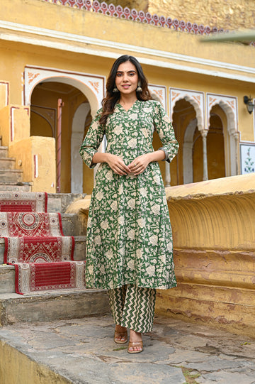 Green Bagru Cotton Kurta Set