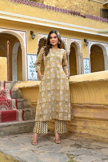 Yellow Bagru Cotton Kurta Set