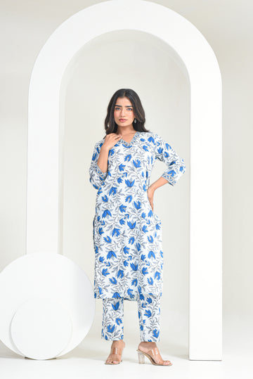 White Indigo Bloom Cotton Kurta Set