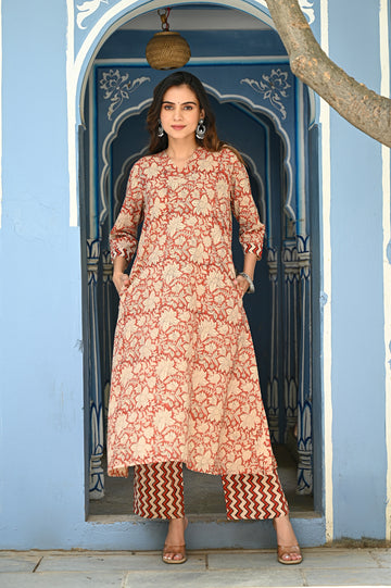 Red Bagru Cotton Kurta Set