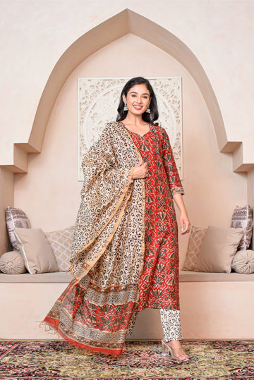 Red Bloom Kurta Dupatta Silk Suit Set