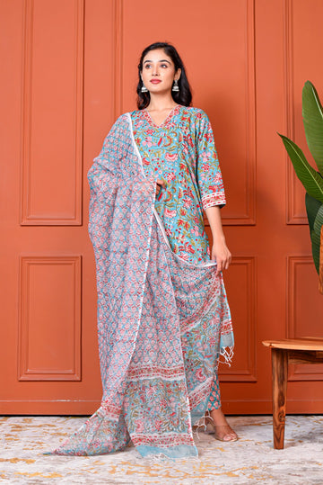 Blue Bageecha Kurta Dupatta Suit Set