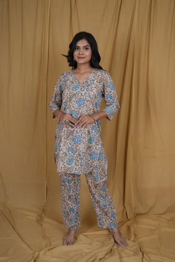 Beige Aqua Flora Coord Set