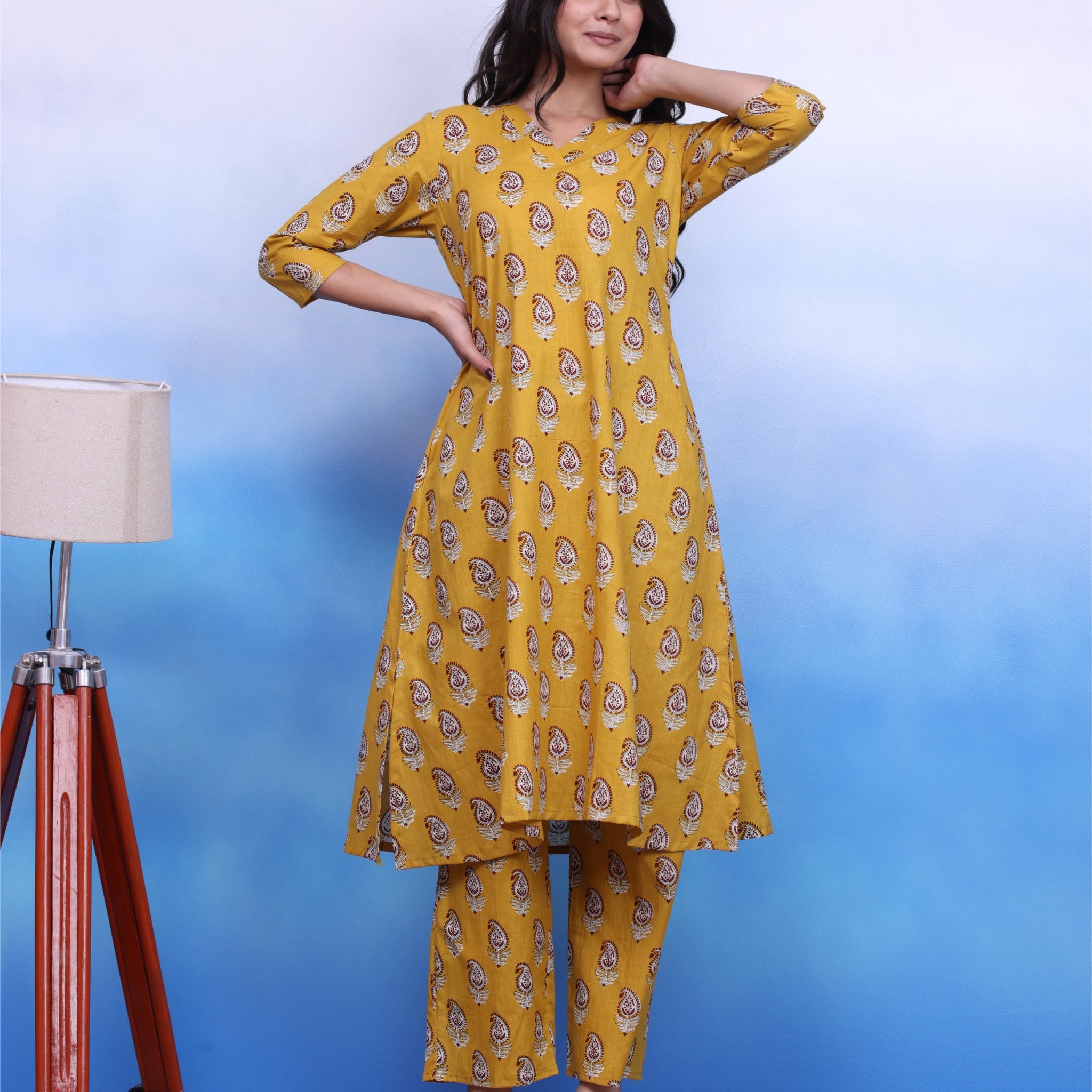 Bagru Mustard Kurta Set