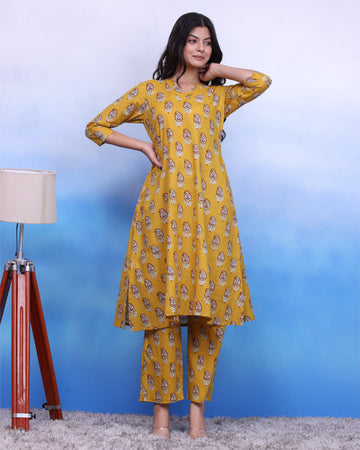 Bagru Mustard Kurta Set