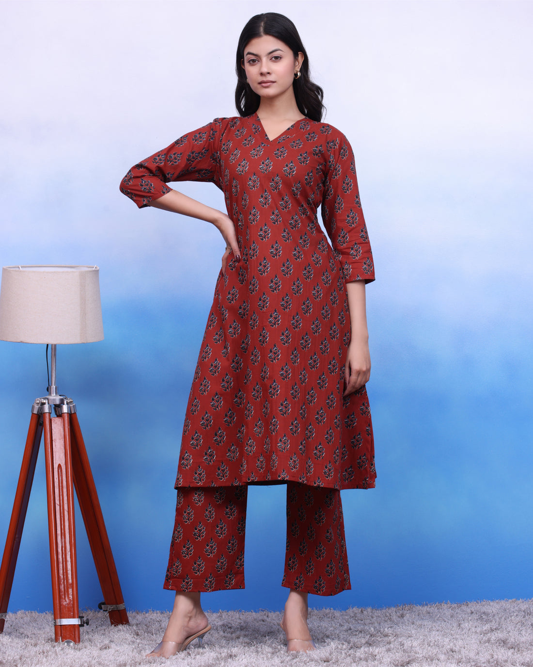 Red Ajarak Kurta Set