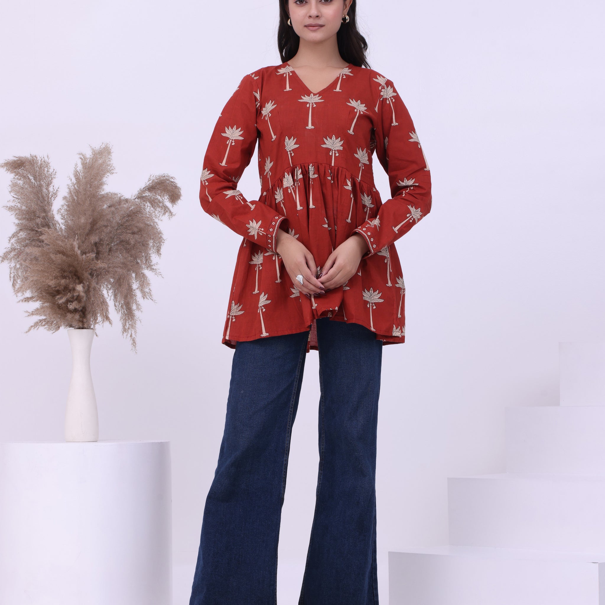 Red Palm Peplum Kurti