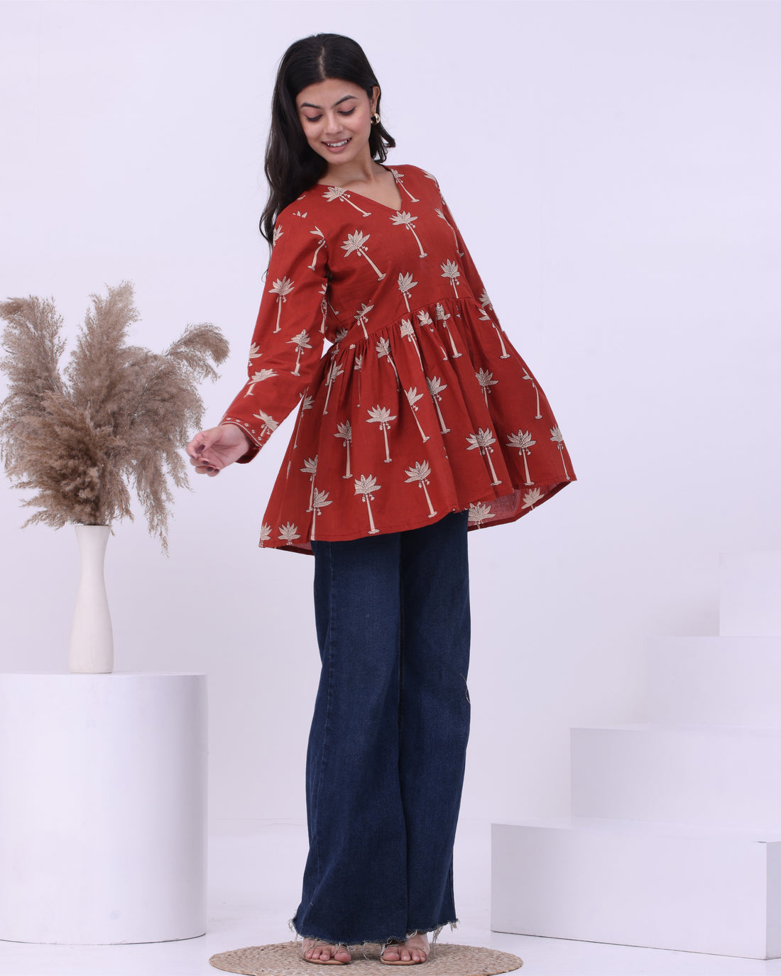 Red Palm Peplum Kurti