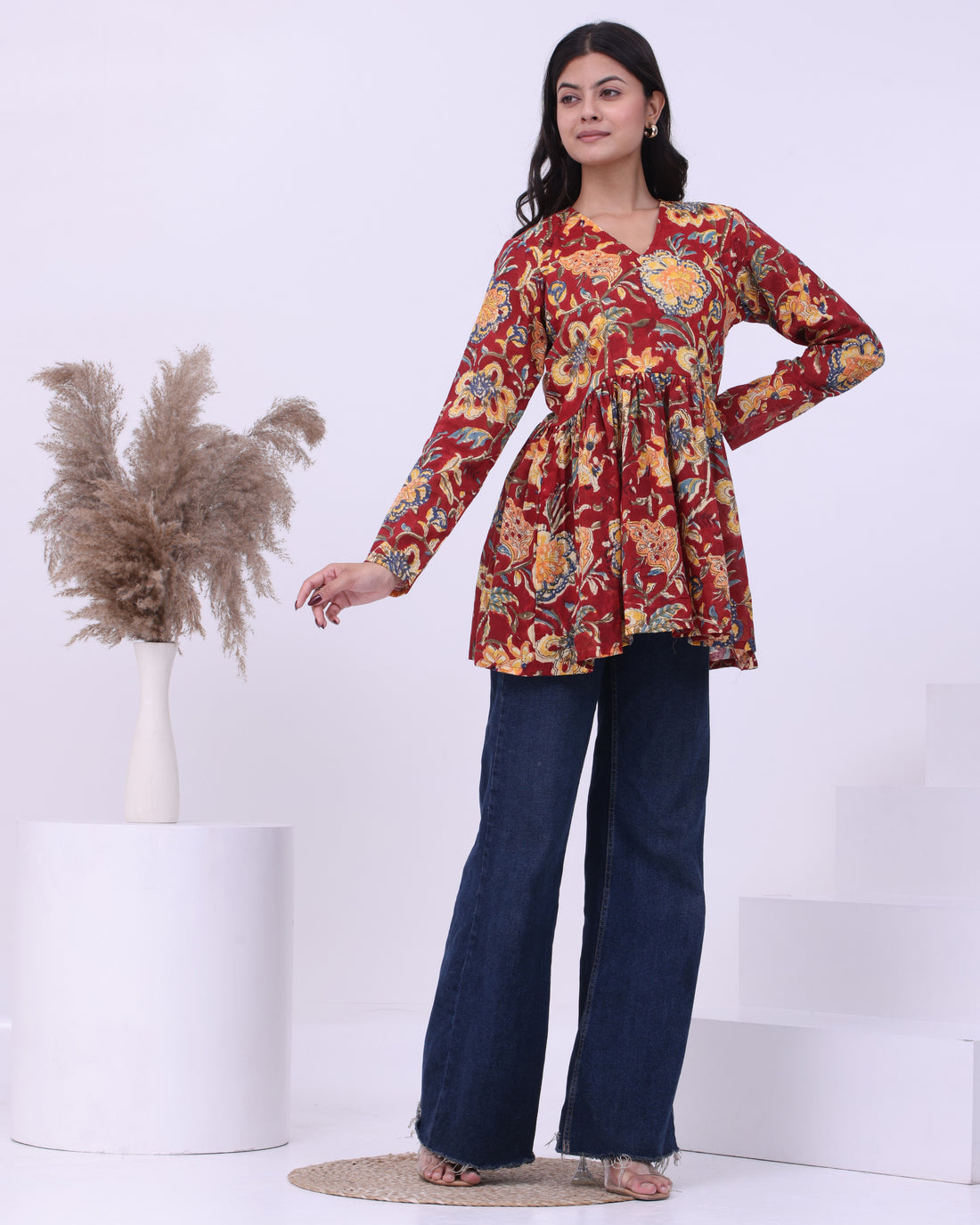 Red Jaal Peplum Kurti