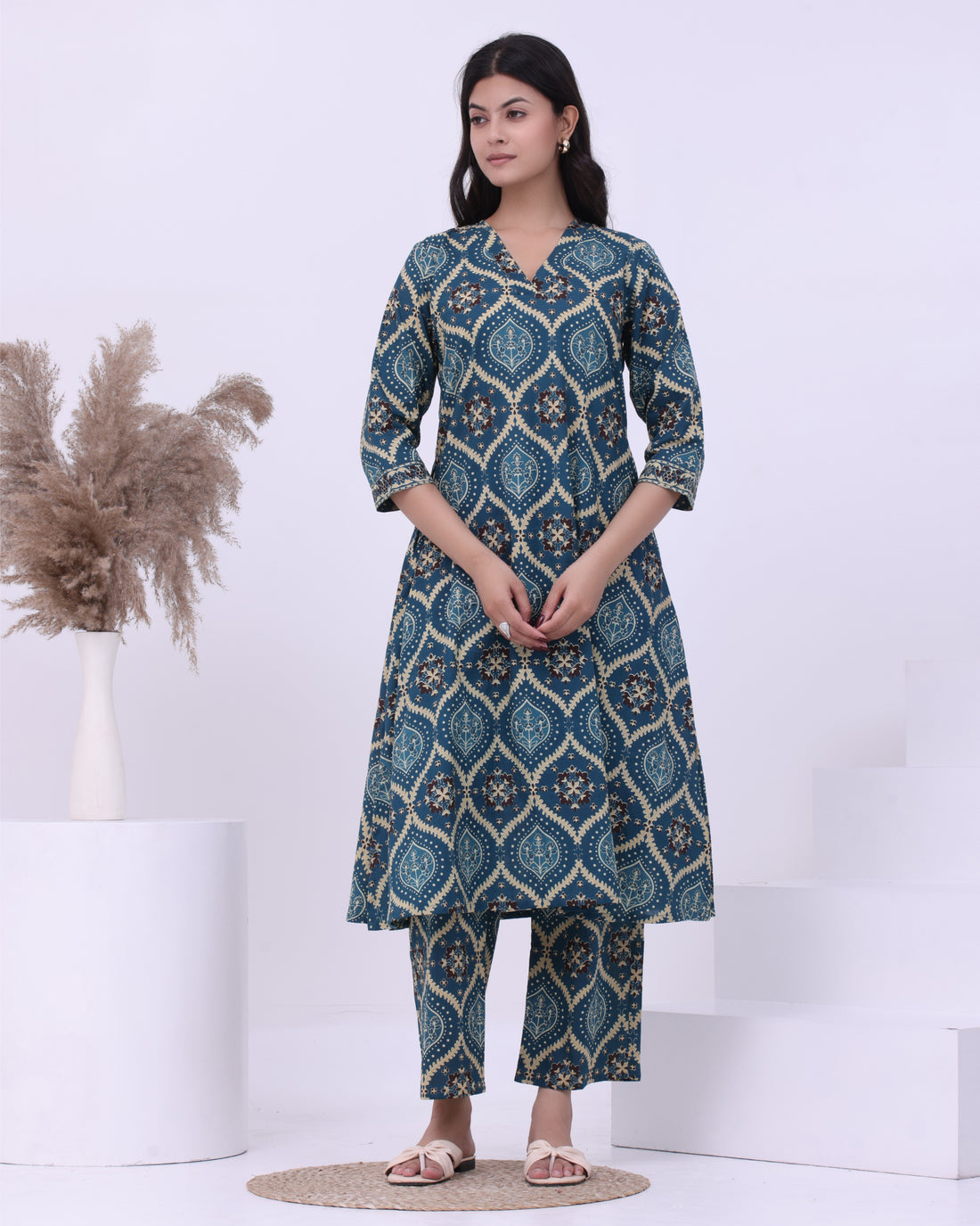 Green Ajarak Kurta Set