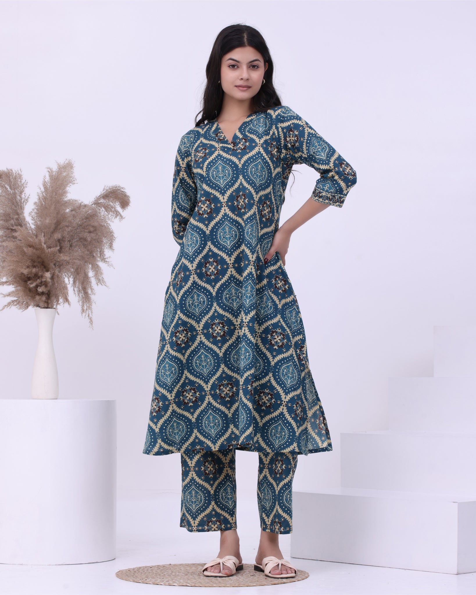 Green Ajarak Kurta Set