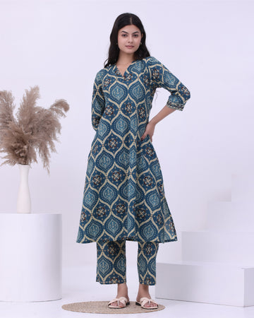 Green Ajarak Kurta Set