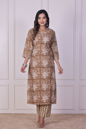 Mustard Ajrakh Cotton Kurta Set