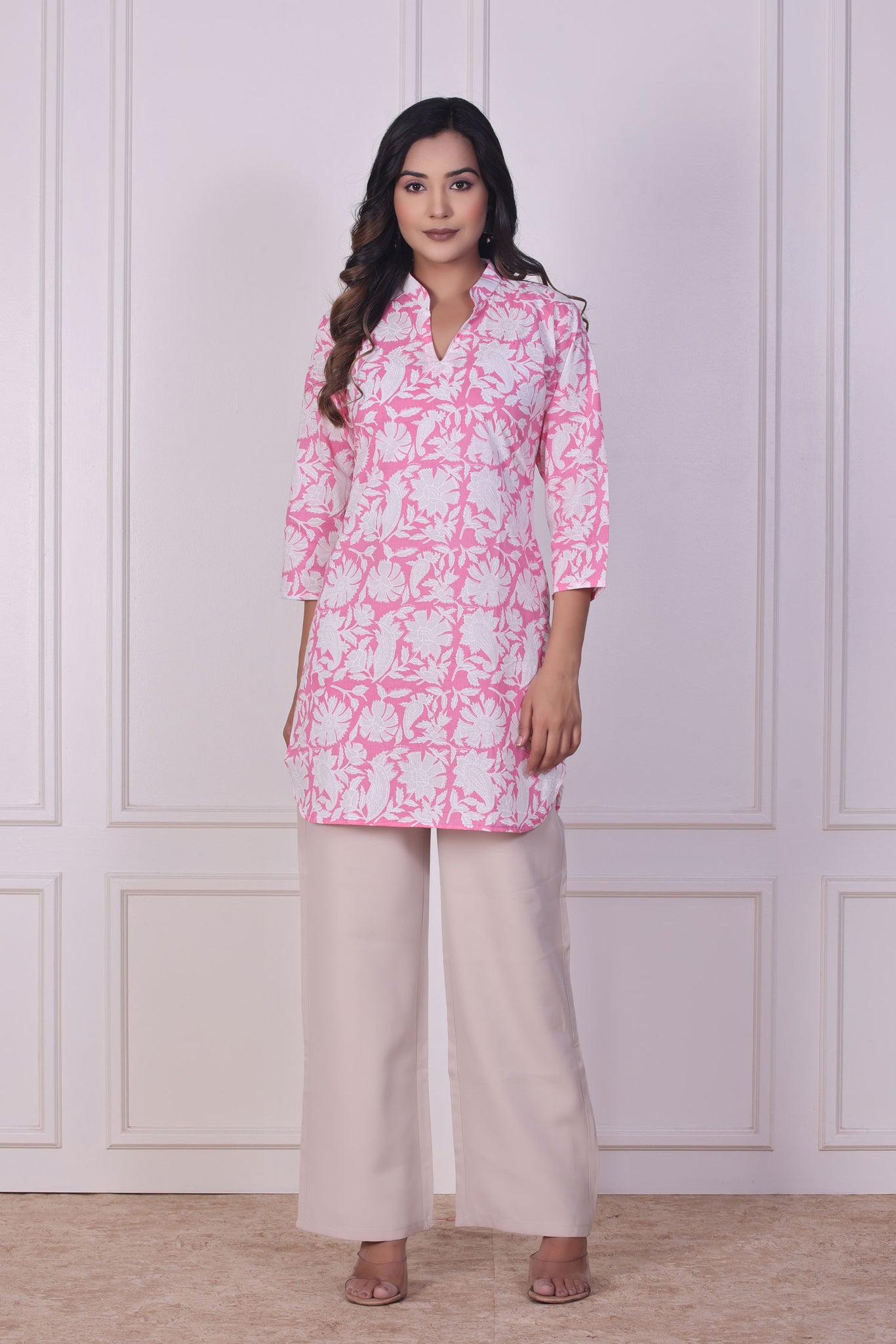Pink White Blossom Short Kurti