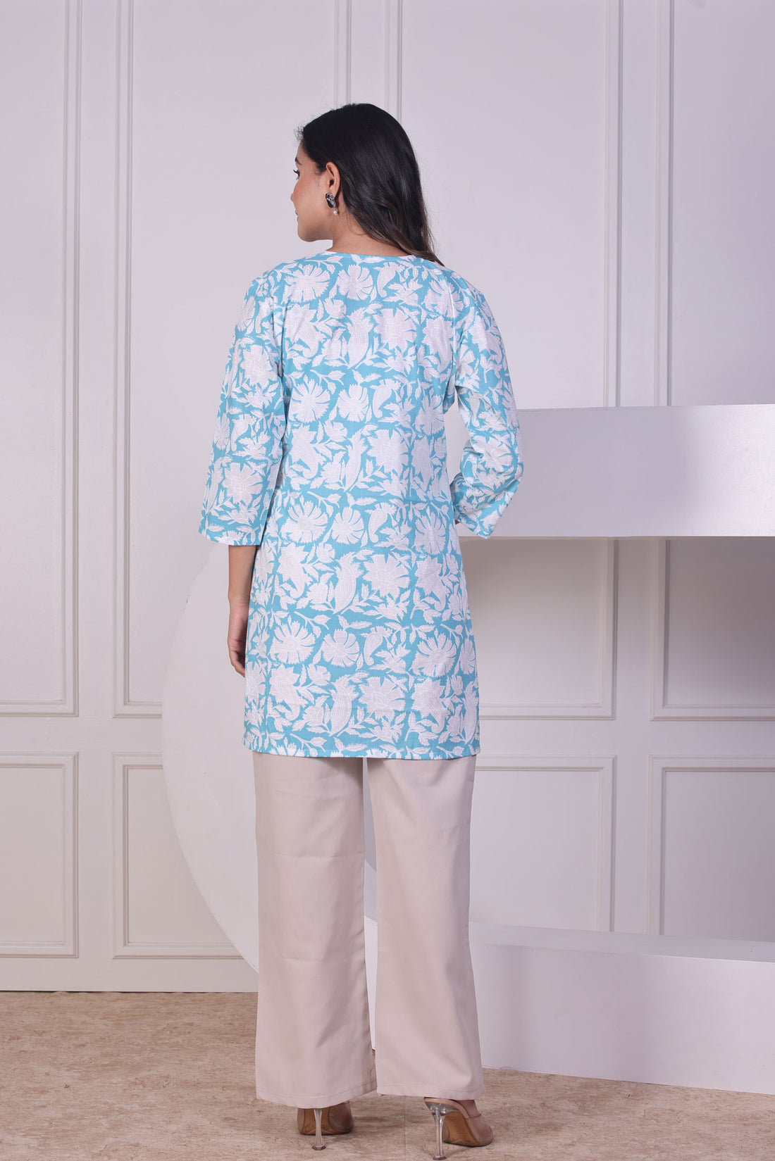 Blue White Blossom Short Kurti