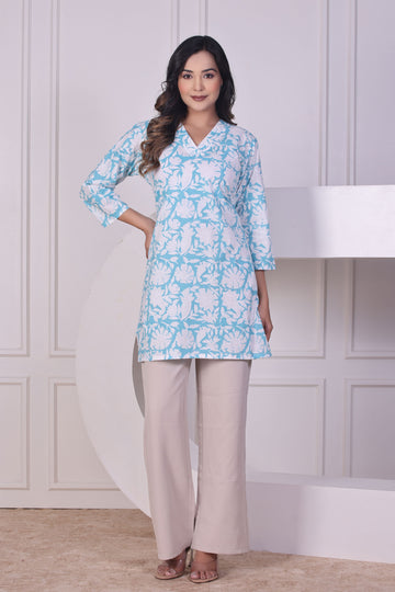 Blue White Blossom Short Kurti