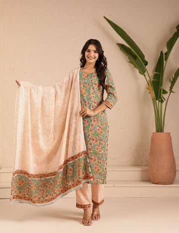 Green Marigold Kurta Dupatta Suit Set