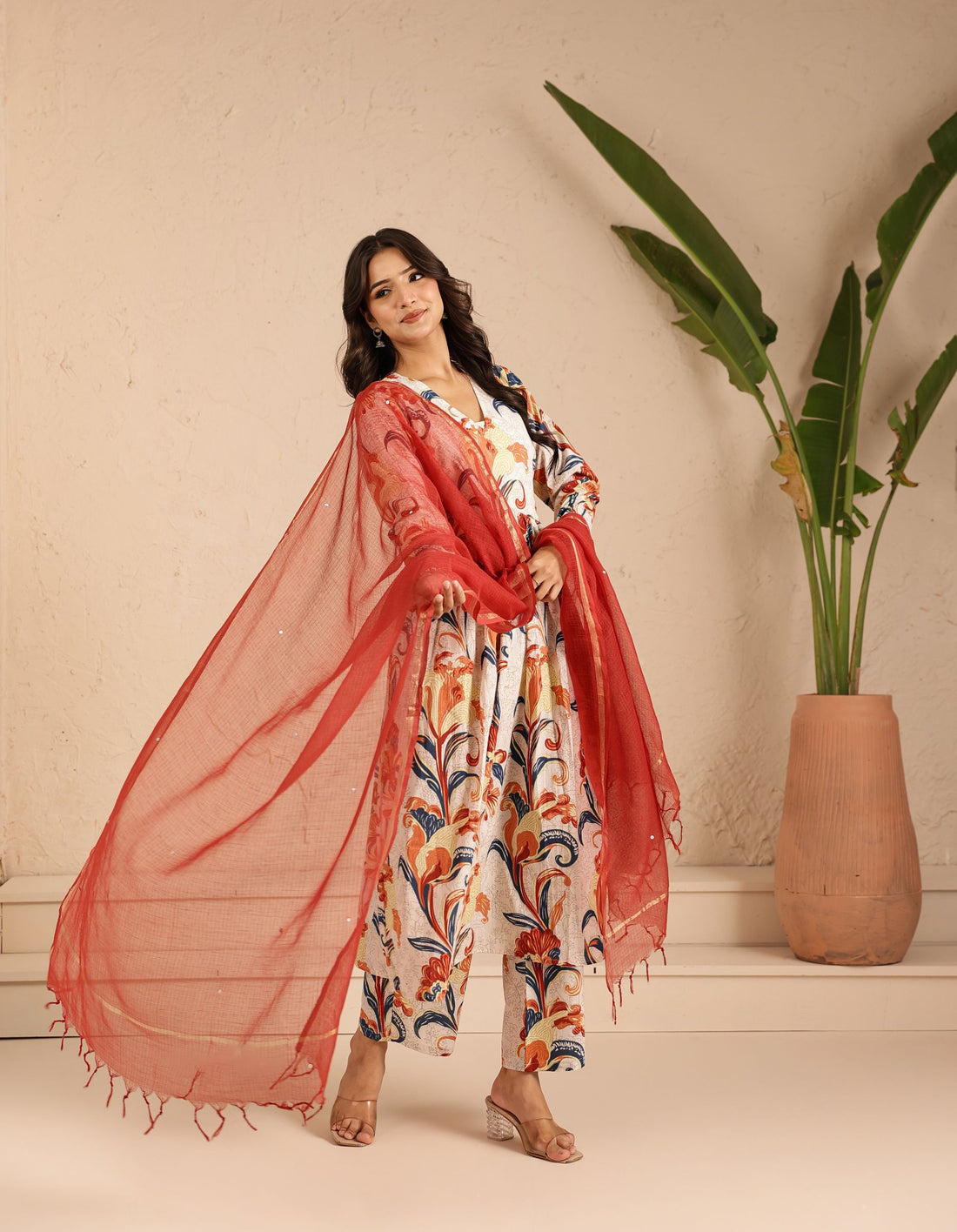 White Bloomline Kurta Dupatta Suit Set