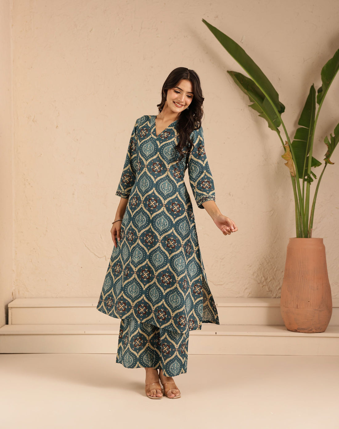 Green Ajarak Kurta Set