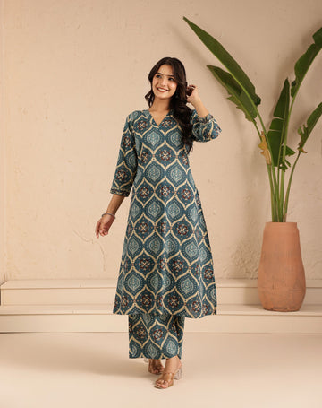 Green Ajarak Kurta Set