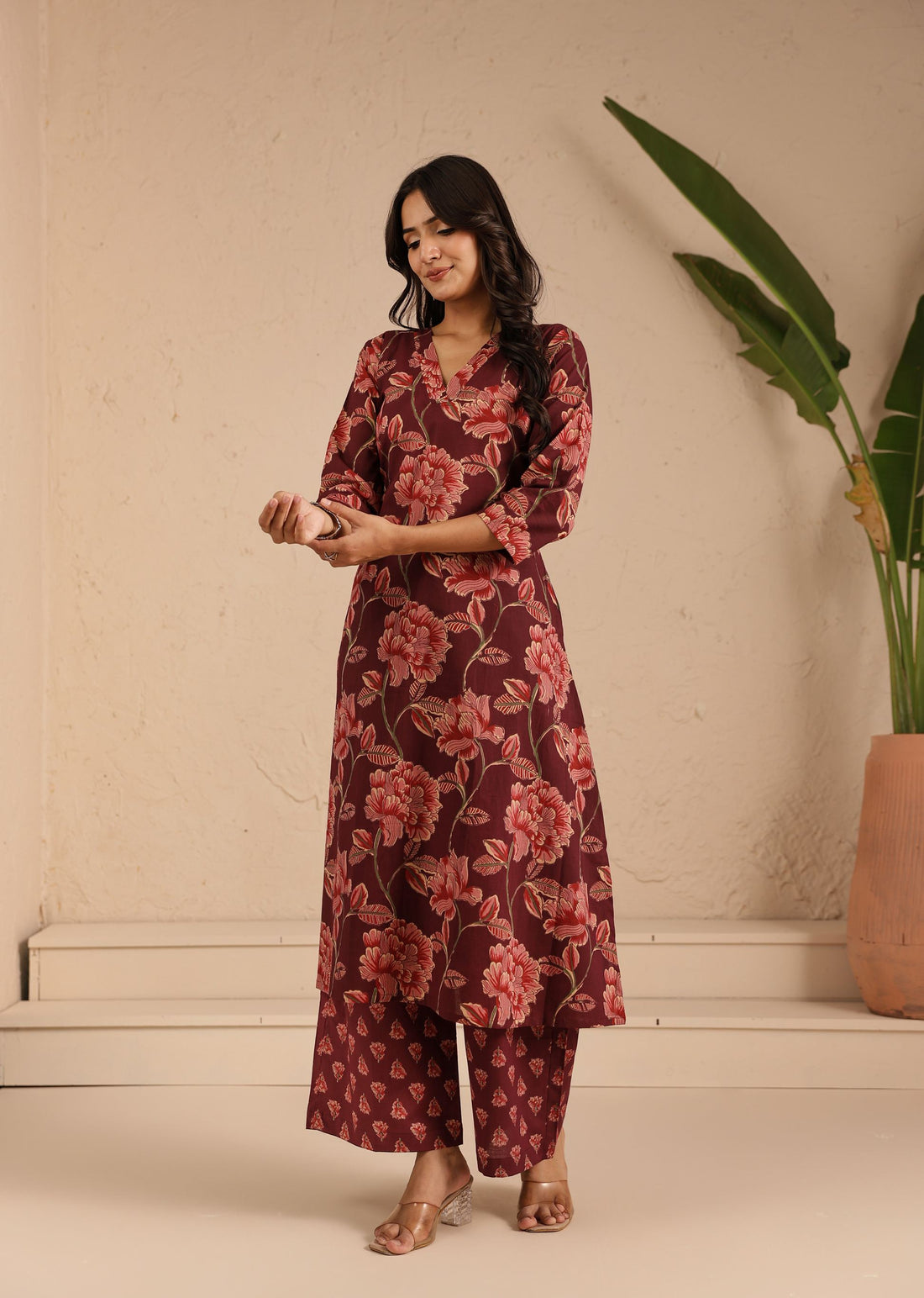 Wine Sunehri Kurta Set