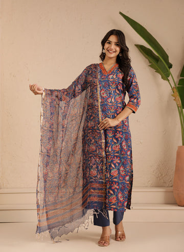 Navy Rust Blossom Kurta Dupatta Suit Set