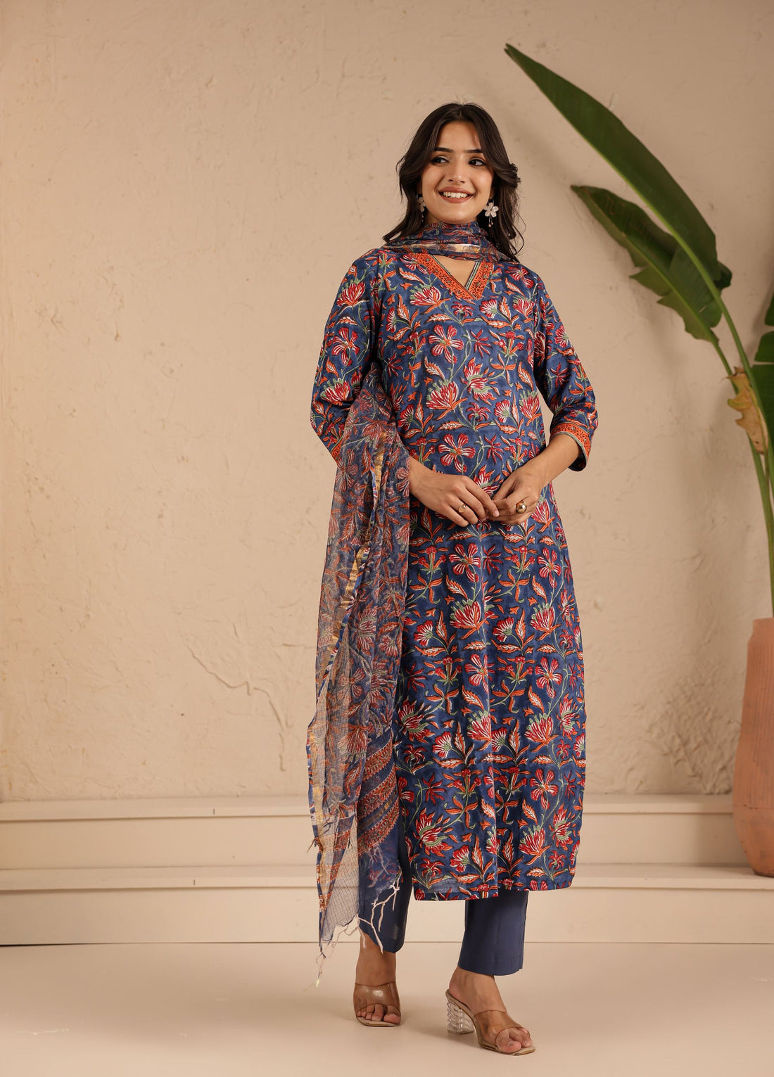 Navy Rust Blossom Kurta Dupatta Suit Set