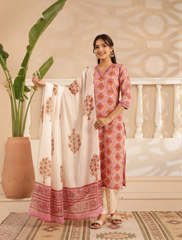 Pink GeoFlora Kurta Dupatta Suit Set