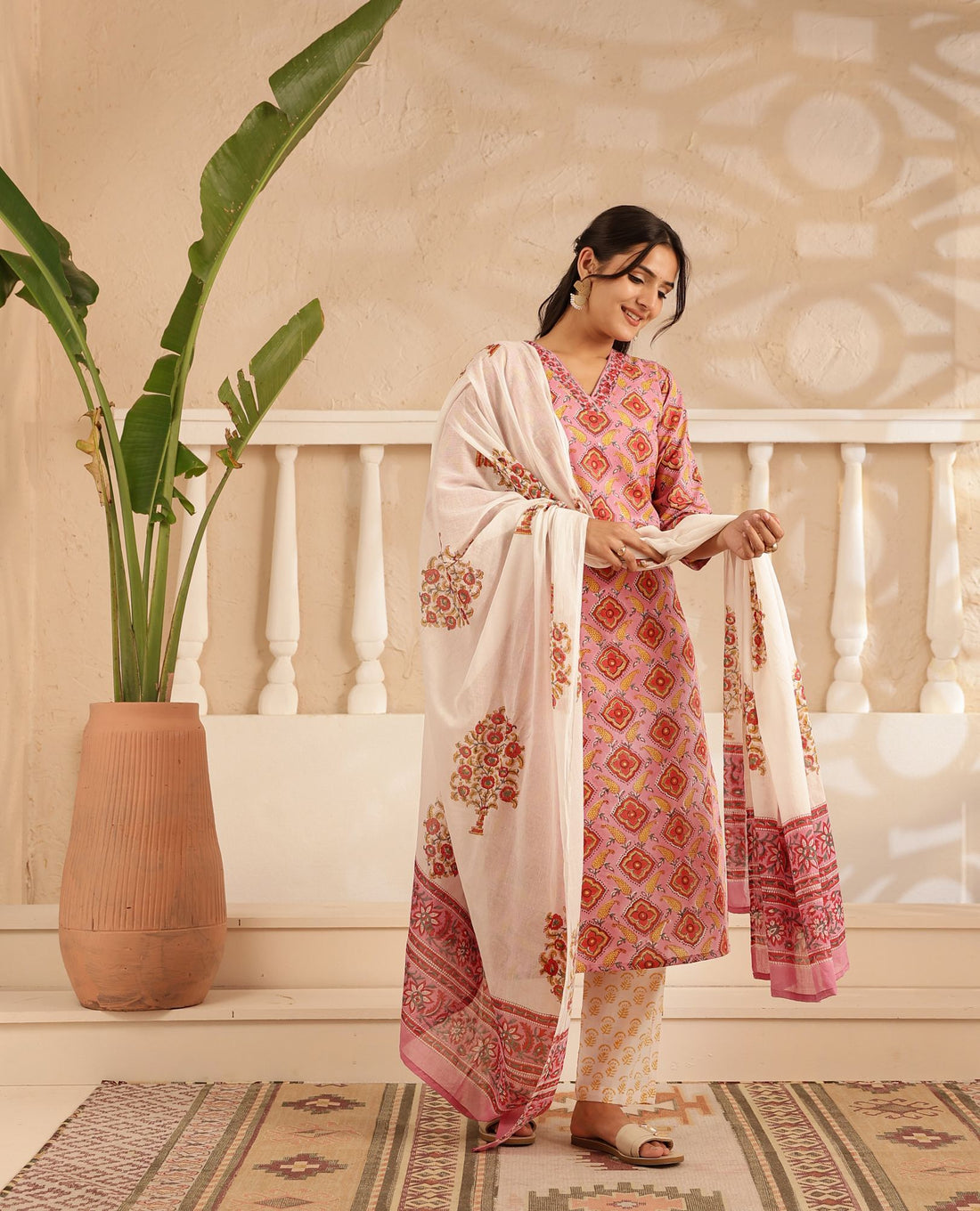 Pink GeoFlora Kurta Dupatta Suit Set