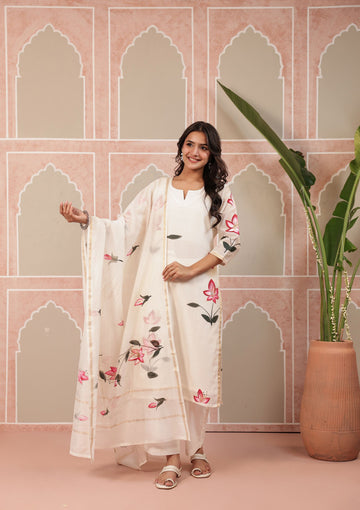 White Flora Kurta Dupatta Silk Suit Set