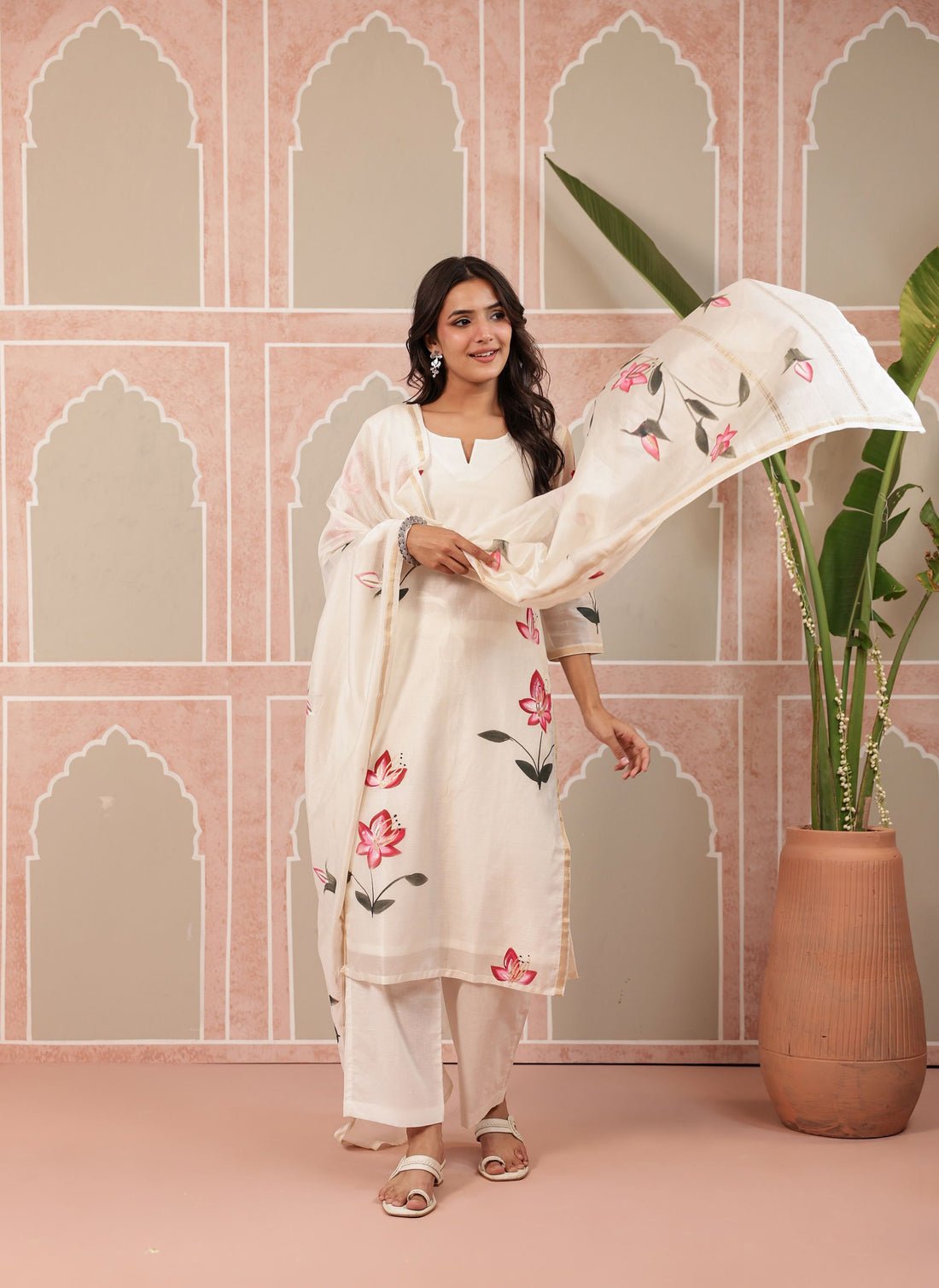 White Flora Kurta Dupatta Silk Suit Set