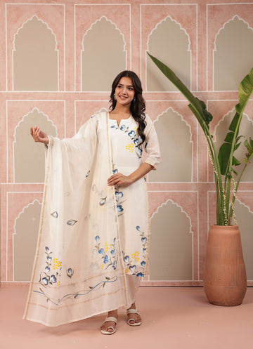 White Aqua Kurta Dupatta Silk Suit Set