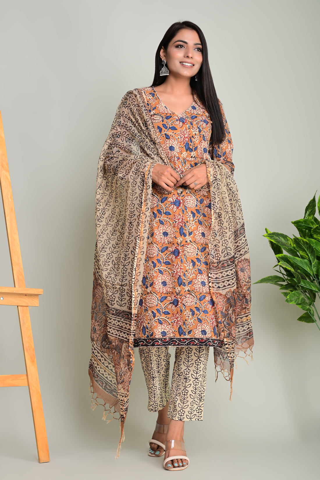 Mustard Blue Bell Kurta Dupatta Suit Set