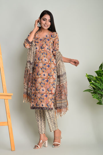 Mustard Blue Bell Kurta Dupatta Suit Set