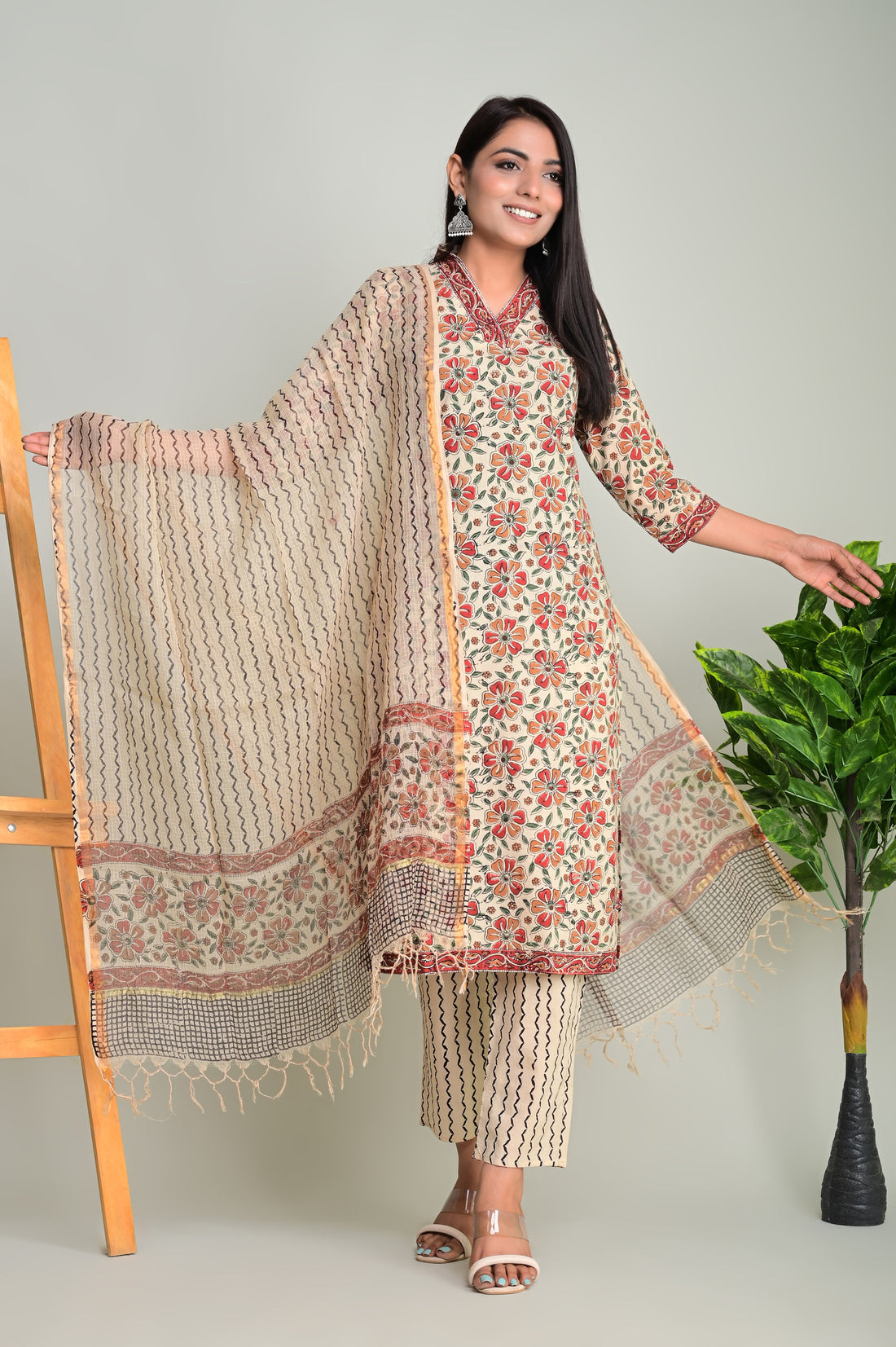 Beige Phool Kurta Dupatta Suit Set