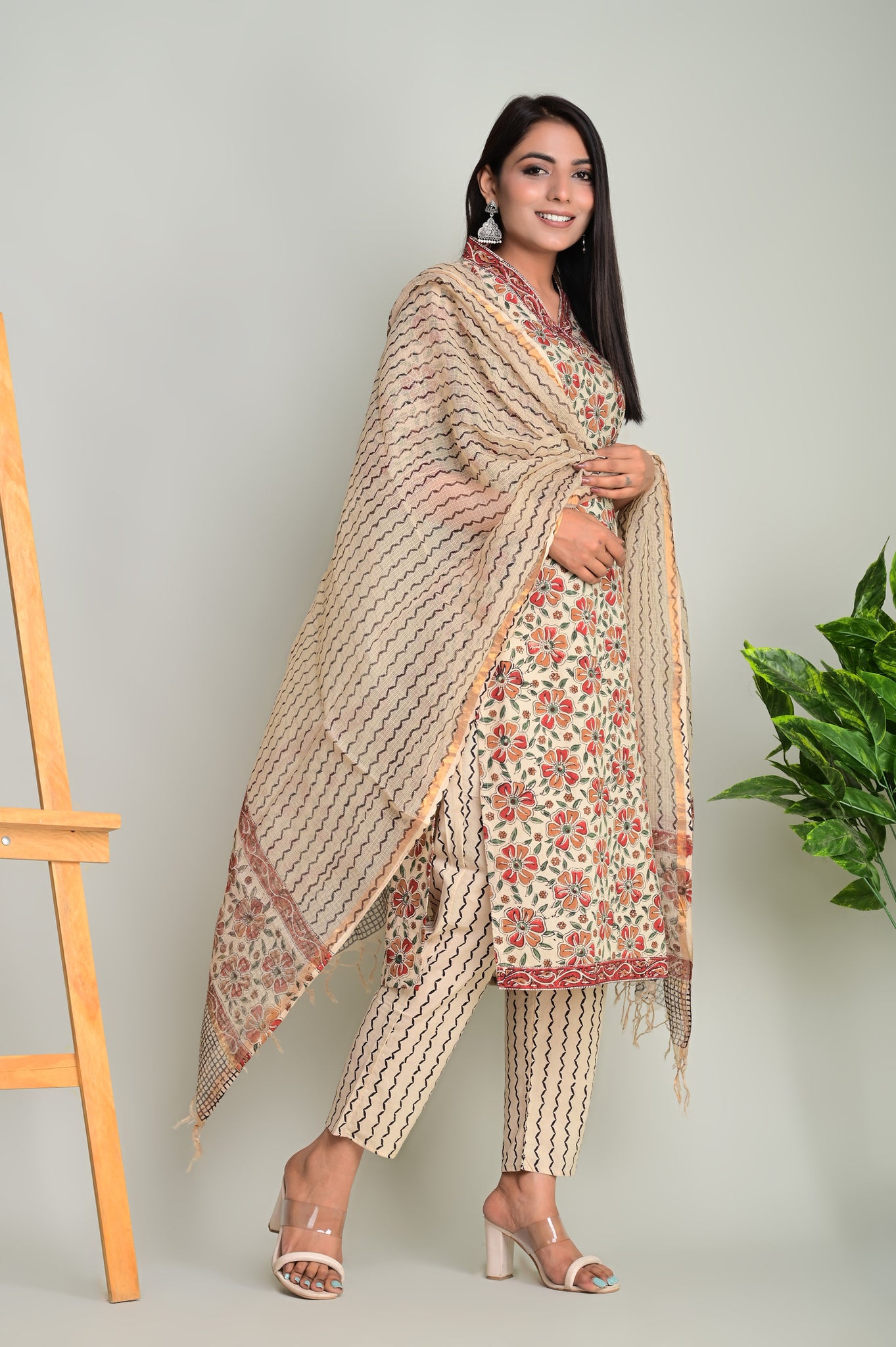 Beige Phool Kurta Dupatta Suit Set