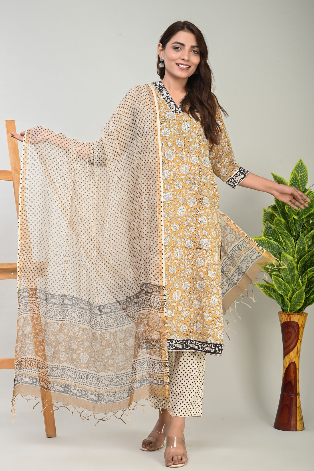 Mustard Bagru Kurta Dupatta Suit Set