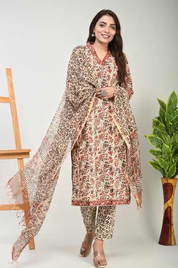Beige Peacock Kurta Dupatta Suit Set