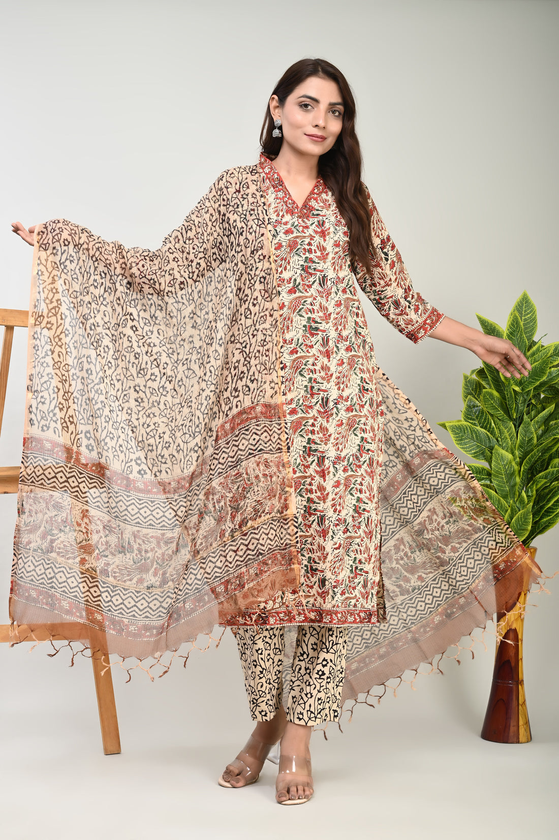 Beige Peacock Kurta Dupatta Suit Set