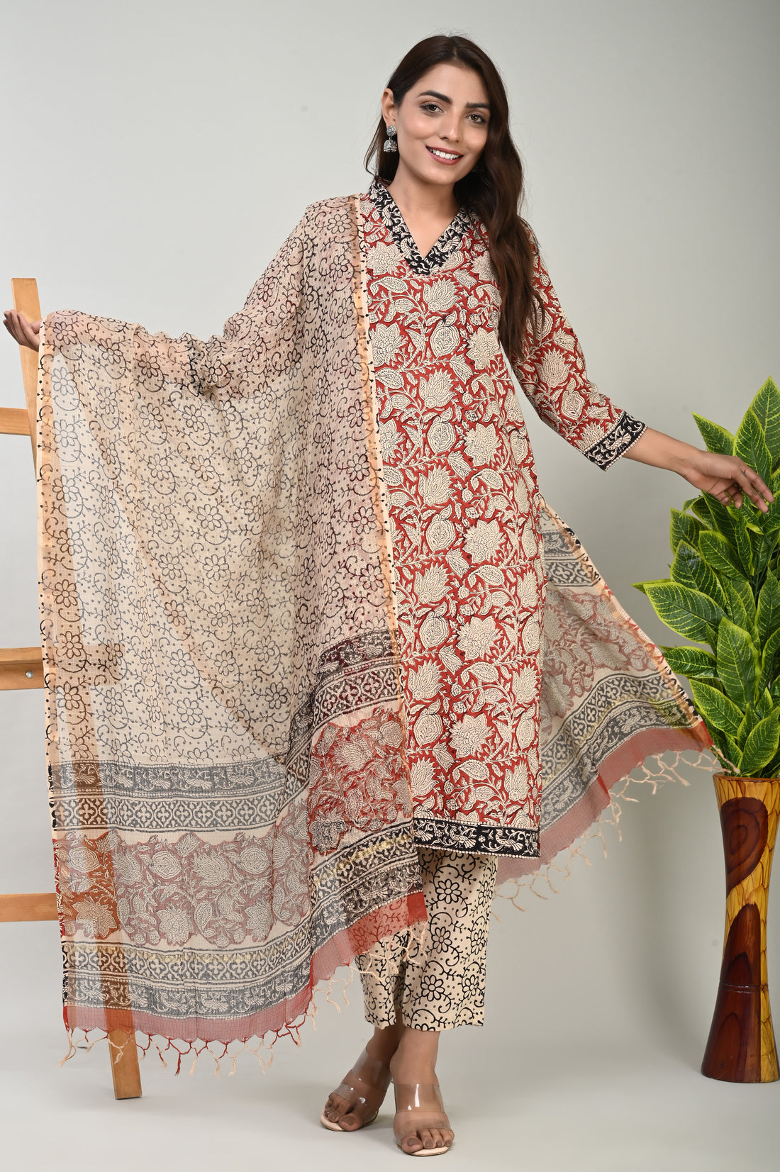 Red Bagru Kurta Dupatta Suit Set